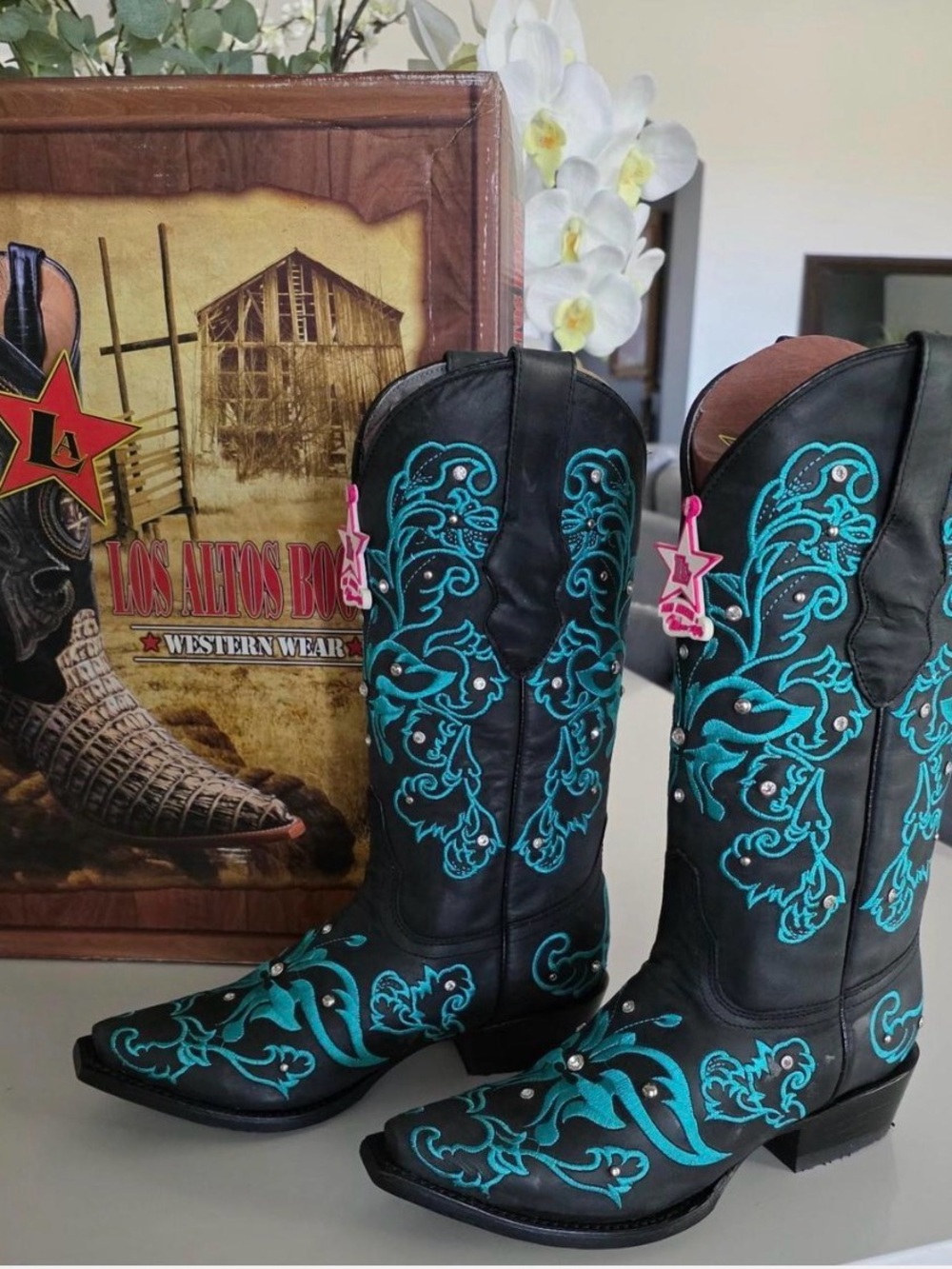 Los Altos Black Cowboy Boots with Turquoise Embroidery & Swarovski Crystals
